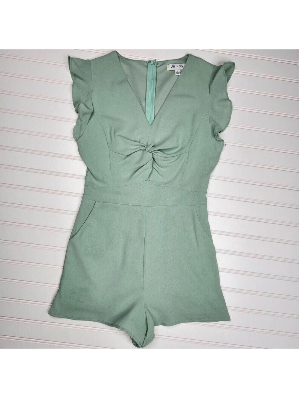 She + Sky Sage Green Flutter Sleeve Romper with Twist Front Detail Size S